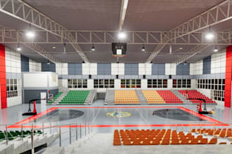 visualize indoor sport facility from 2d layout,multipurpose hall interior render