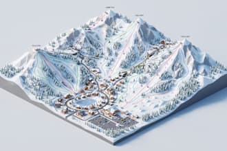 create a 3d ski resort map, low poly mountain terrain and ski runs