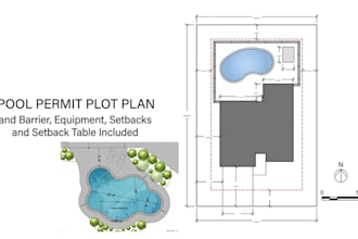 draw pool permit plot plan with barrier fence, equipment and setback dimensions