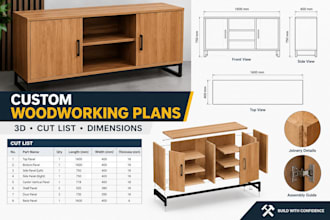 create woodworking plans for cabinets, tables with cut lists and 3d drawings