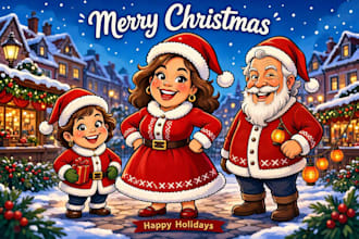 illustrate a beautiful christmas family caricature
