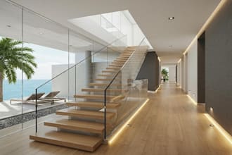 create modern staircase design, 3d model, railing and realistic render