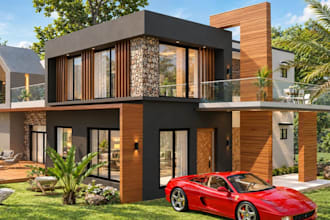 overhaul 3d luxury tropical villa,outdoor facade,balcony render,front elevation