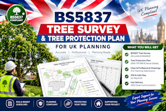 provide bs5837 tree survey and tree protection plan for UK planning
