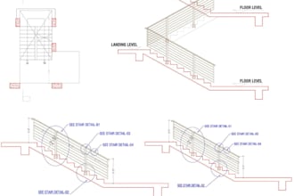 design building stair detailing, metal, concrete, wood, glass technical drawings