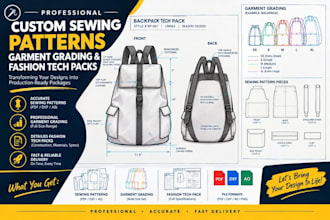 create professional sewing patterns, fashion tech packs and  garment grading