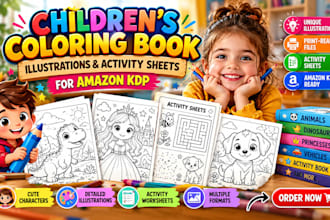 draw children,s coloring book illustrations and activity sheets for KDP