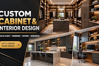 design walk in closets, wardrobe, kitchen and custom cabinet workspace interiors