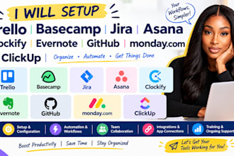 setup trello basecamp jira asana clockify evernote github monday com clickup