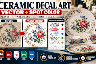 recreate ceramic decal art, plate decals, tableware vector spot color separation
