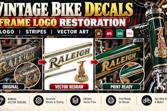 restore vintage bicycle frame decals, bike logo redraw frame graphics vector art