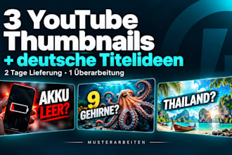 design 3 youtube thumbnail concepts with german video title ideas
