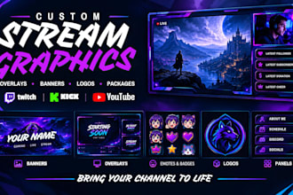 design custom twitch overlay, stream package, kick graphics and banners