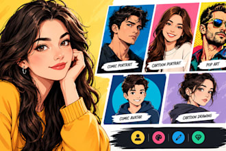 create a comic portrait, cartoon portrait, comic avatar, pop art comic