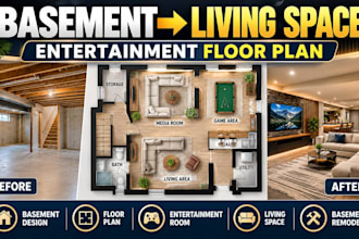 design a basement entertainment room and comfortable living space floor plan