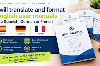 translate and format english user manuals into spanish, german, or french