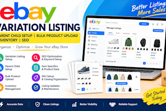 ebay variation listing parent child setup bulk product upload inventory seo