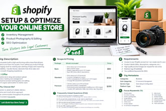 setup shopify store audition product upload photography editing SEO optimization