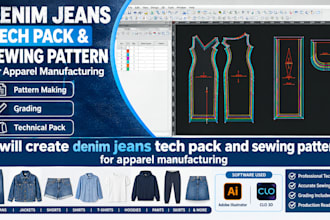 create denim jeans tech pack and sewing pattern for apparel manufacturing