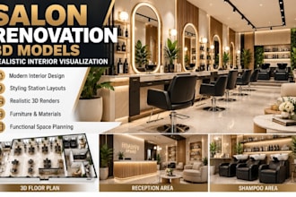 create salon renovation 3d models, realistic interior visualisation