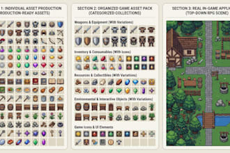 create custom pixel art game assets, props, 2d game assets and backgrounds