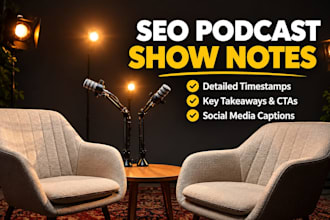 write SEO podcast show notes timestamps podcast summary social posts