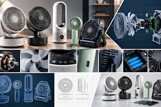3d cad smart fan and table fan design, portable fan product modeling