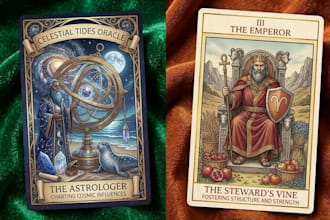 design unique tarot cards, tarot illustration, tarot deck, or oracle cards