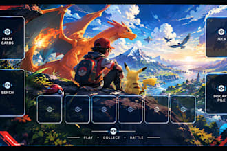 design pokeman trainer playmat illustration for tcg, mtg, yugioh, commander