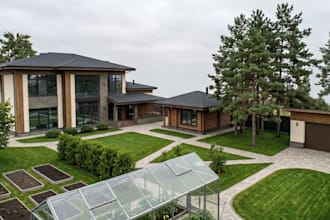 design prairie house style,forest estate facade,aerial view render,3d patio deck