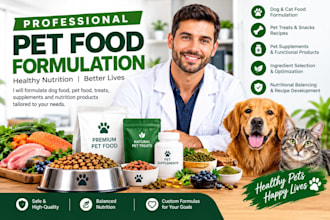 formulate dog food, pet food, treats, supplements and nutrition products