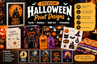 create unique halloween print designs for cards, wall art, sticker