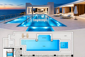 design a modern swimming pool, luxury backyard, outdoor landscape, 3d rendering