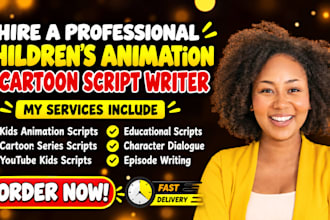 write children animation script, cartoon script kids story scenes youtube script