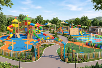 create realistic 3d kids park, playground, theme, water, amusement park renders
