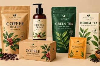 design premium coffee and tea packaging, labels, pouches, boxes and 3d mockups