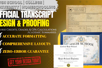 design diploma certificate, award certificate, and university transcript