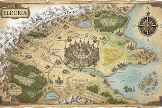 create a detailed fantasy kingdom, continent, worldbuilding, region map