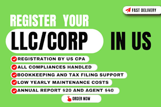 register your llc or corp business in new mexico, wyoming and delaware USA