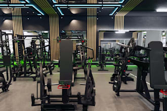 3d gym interior, fitness center, workout space with realistic render