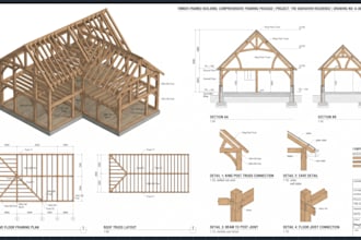 design timber or wood structure, roof truss framing and trusses plan