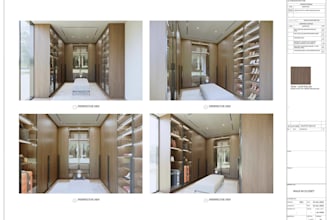 create walk in closet design, furniture layout and millwork realistic 3d render