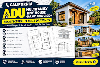 do california adu multifamily floor plan, tiny house, garage conversion drawing