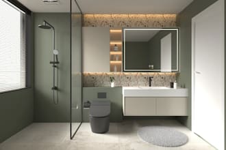 redesign bathroom interior,3d layout render,modern vanity,walk in shower,cgi spa