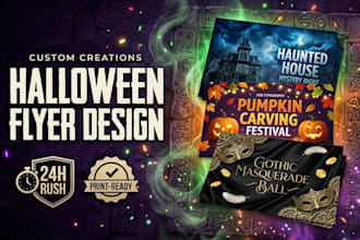 design a spooky halloween party flyer, poster, banner and postcard