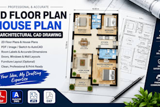 create 2d floor plan, house plan and architectural cad drawing