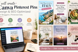 create canva pinterest pins design and SEO optimized for bloggers, video ads