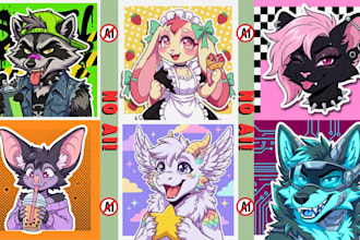 custom furry art, fursona badge, anthro character avatar, vtuber and pfp