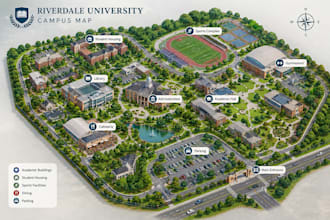 design custom isometric campus map, schools hotel map, navigation map