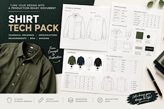 create shirt tech pack, apparel tech pack, technical drawing and specs